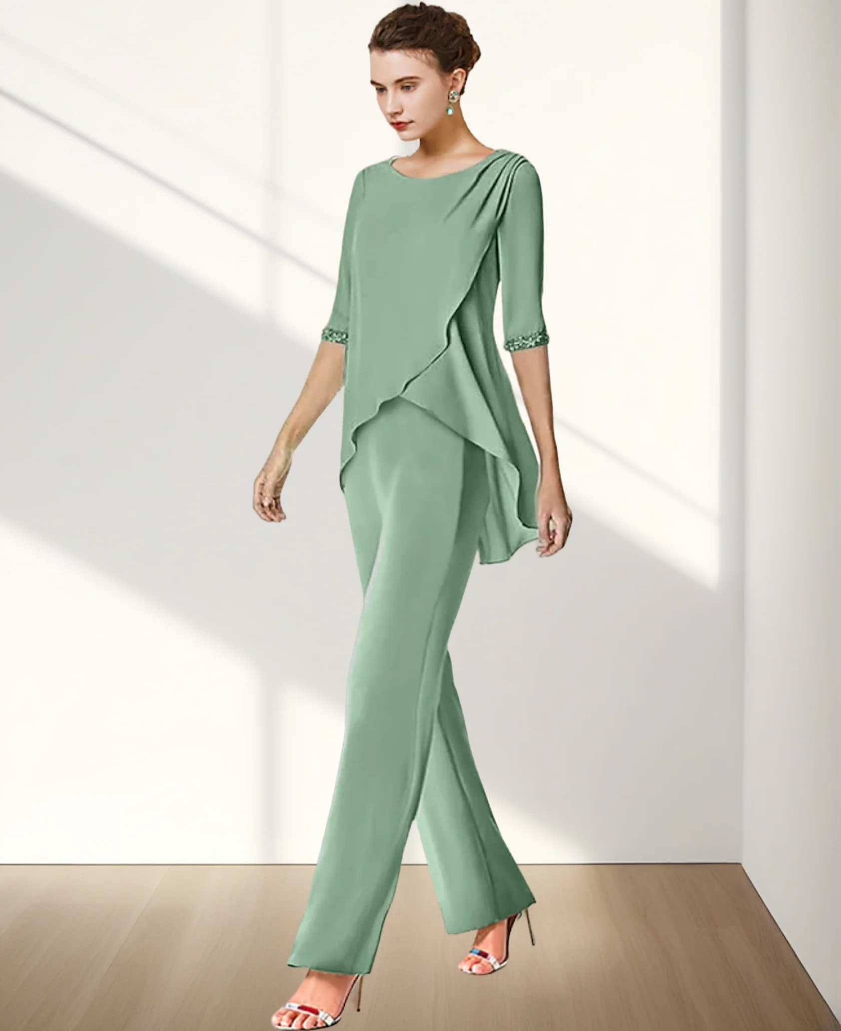 Jewel Neck Layered Chiffon Poncho Top and Wide Leg Pant Suit Sunset