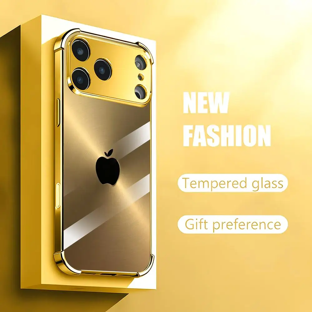 Luxurious Brushed Gold Glass Phone Case with Four-Corner Drop Protection