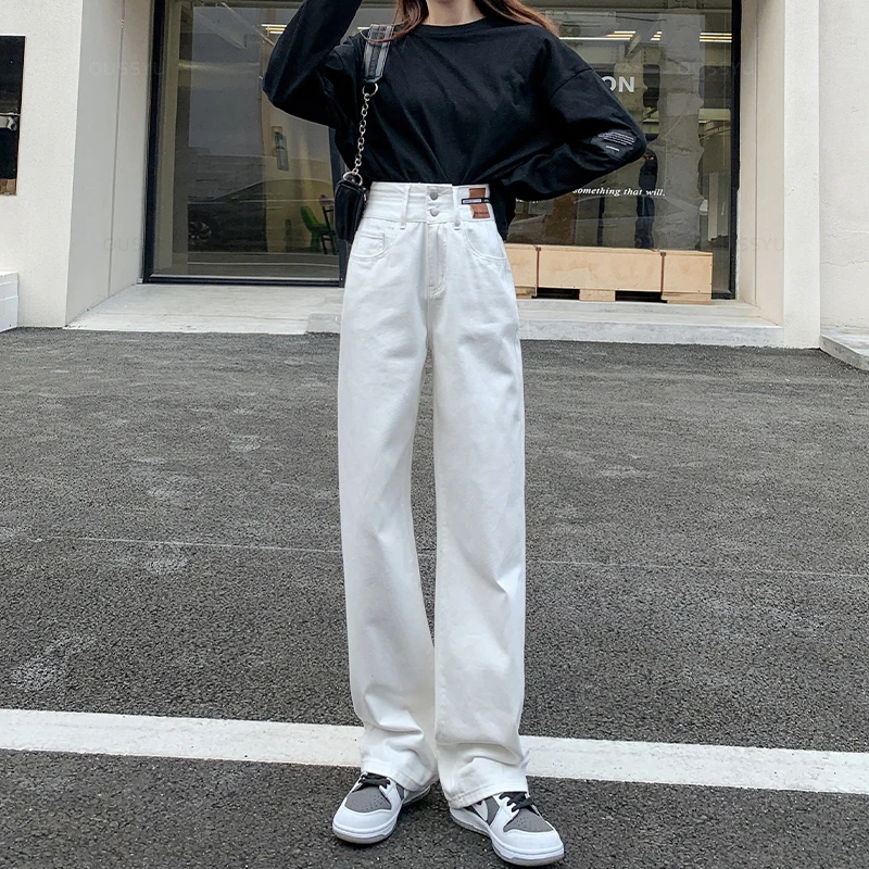 OUSSYU Y2K Woman Jeans High Waist Wide Leg Cotton Denim Clothing Blue White Streetwear Vintage Fashion Harajuku Straight Pants 4