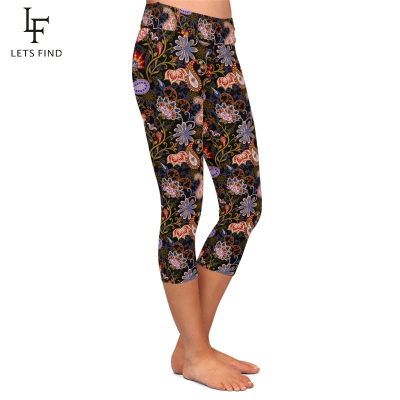 LETSFIND Summer New Women Leggings 3D Paisley Print Capri Leggins High Waist Sexy Stretch Mid-Calf 3/4 Pants