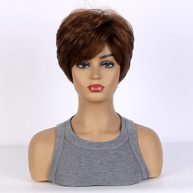 

JOY&BEAUTY with Bangs Short Curly Hair for Women Pixie Cut Synthetic Fiber Natural Hairstyle Brown Wig Layered Daily Wigs