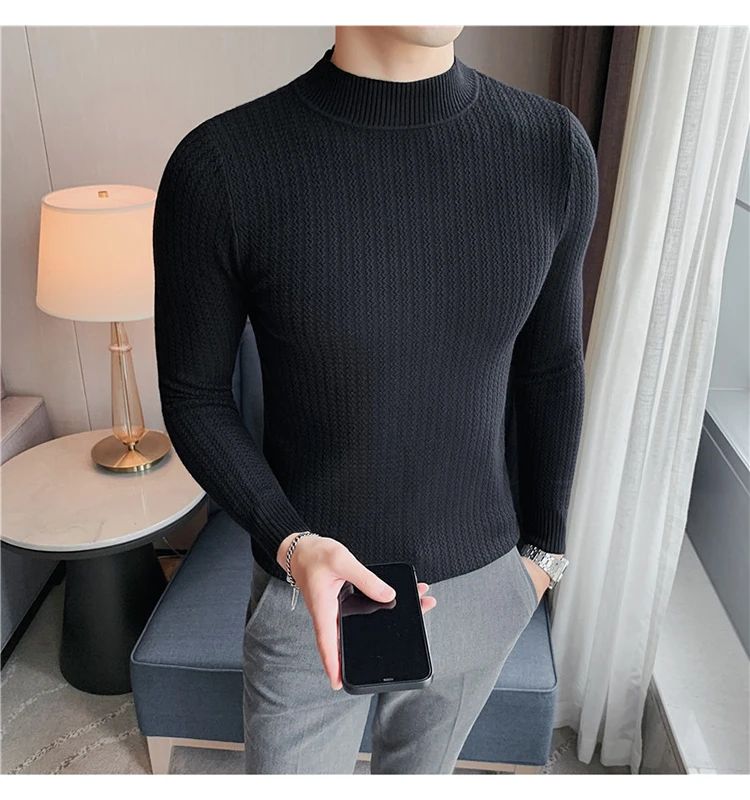 Description Picture 2 of itemWinter half turtleneck sweater Men's knit pullover sweater slim solid color knitted sweater black