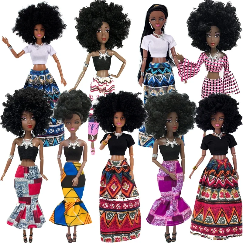 1/6 Fashion Barbie Doll Black African Dolls Toys for Girls Dark Skin Ethnic Tight Clothing Printing Skirt Popcorn Hairstyle Gift case 2023 girls contrast color doll collar thin striped bottoming shirt waist tight design sense college top