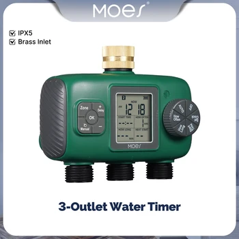 MOES 3-Outlet Smart Water Timer Brass Inlet IPX5Waterproof  Knob Button Automatic Irrigation LCD Display Screen Garden Sprinkler 1