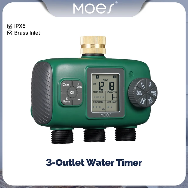 MOES 3-Outlet Smart Water Timer Brass Inlet IPX5Waterproof  Knob Button Automatic Irrigation LCD Display Screen Garden Sprinkler 1
