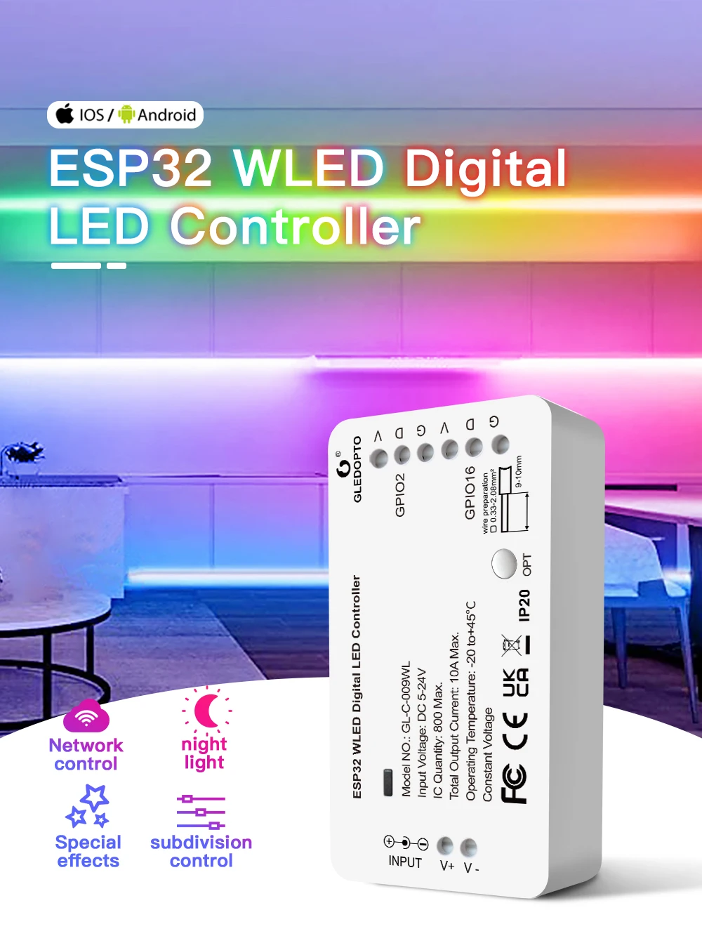 Description Picture 6 of itemGLEDOPTO ESP32 WLED LED Controller DC5-24V DIY Dynamic Lighting Mode WS2811 WS2812b SK6812 TM1814 WS2813 WS2815 LED Strip Lights