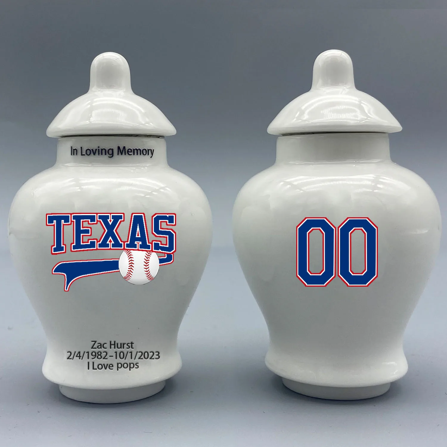 

Mini Urn for Texas Rangers-Baseball themed.Please send me the customization information - name/date and number on the urn