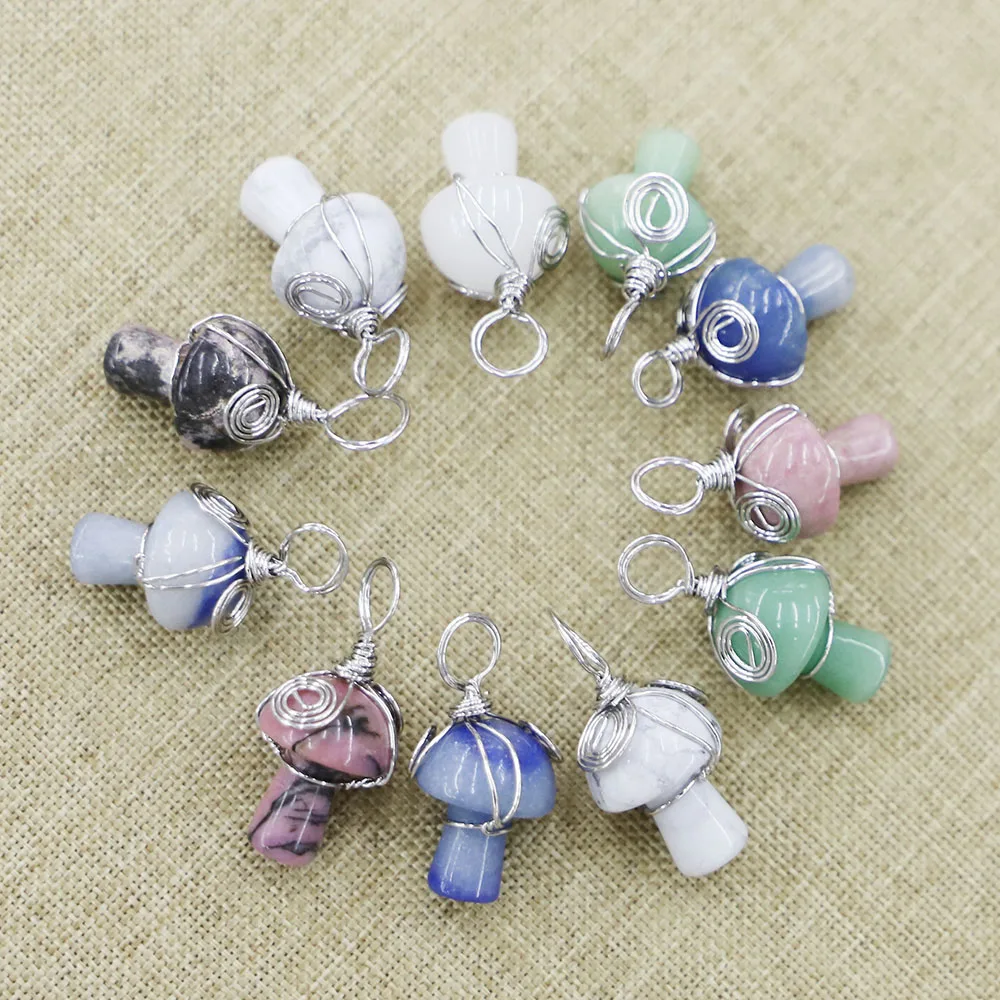 Natural Stone Silver Color Metal Pendants Winding Braid Multicolor Mushroom Necklace Reiki Charms DIY Making Jewelry Gifts 12Pcs