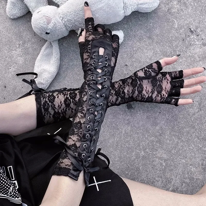 Cosplay Gloves Lace Gloves Lace Fingerless Gloves Subculture Gothic Lolita Bandage Elbow Length Half-Finger Gloves Women Sexy Floral Lace Black Fishnet Mittens Cosplay Long Glove