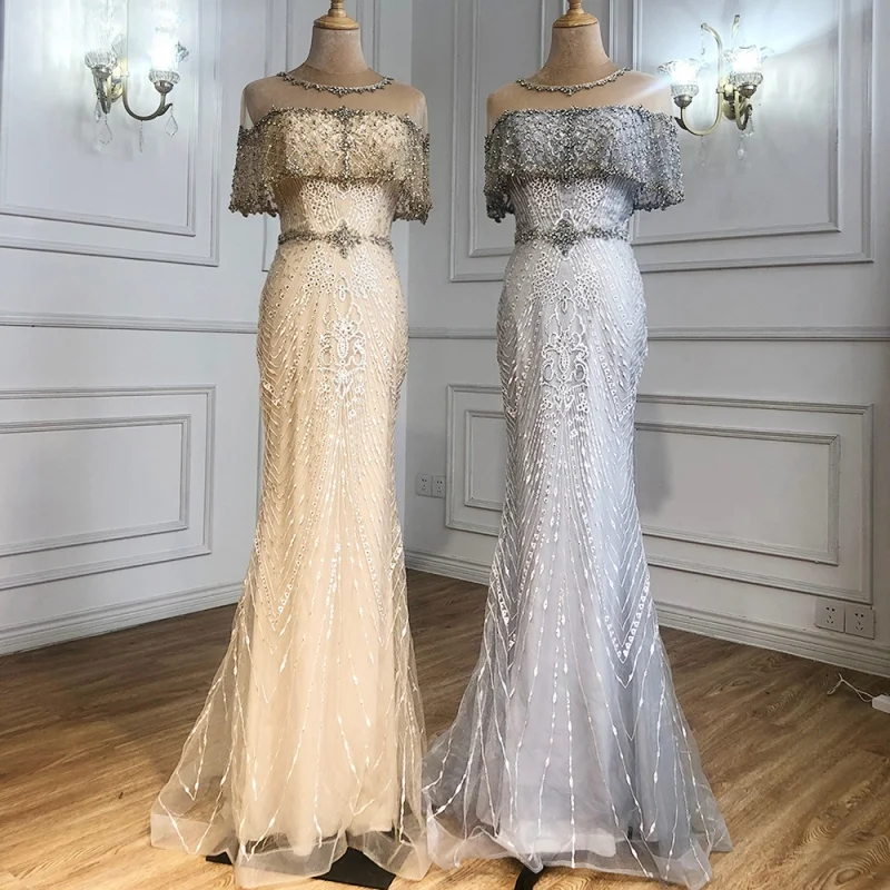 

Gold Elegant Mermaid Cape Sleeves Luxury Evening Dresses Customized O-Neck Party Gowns 2023 Beaded For Woman