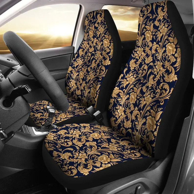 

Navy Gold Decor Floral Flowers Car Seat Covers Pair, 2 Front Seat Covers, Car Seat Protector, Car Accessories