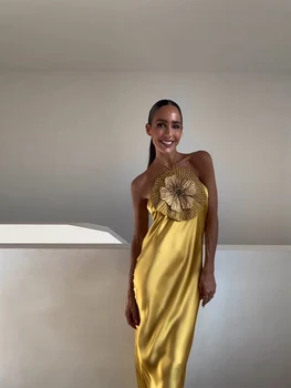 Elegant Party Women's Dress 3D Flower Halter Sleeveless Backless Mermaid Satin Female Dresses 2026 Summer Chic Evening Lady Robe 1