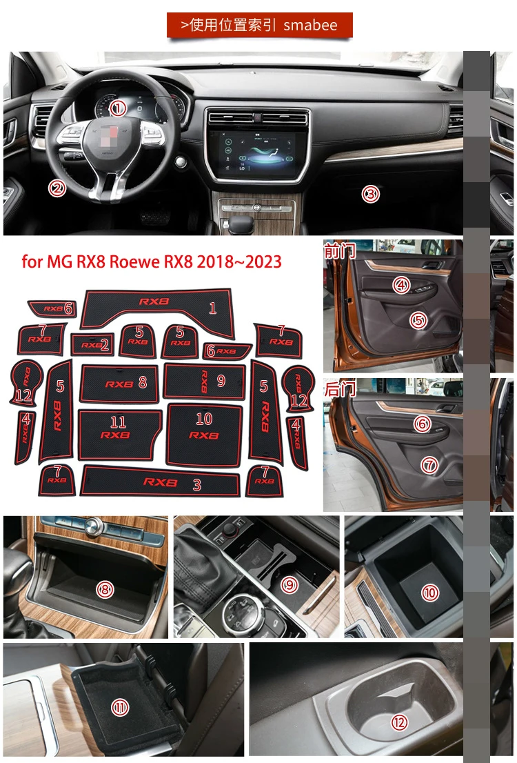 Rubber Anti-slip Mat Door Groove Cup for MG RX8 Roewe RX8 IS21 2018~2023  Pad Cushion Gate Slot Coaster Car Stickers Accessorie