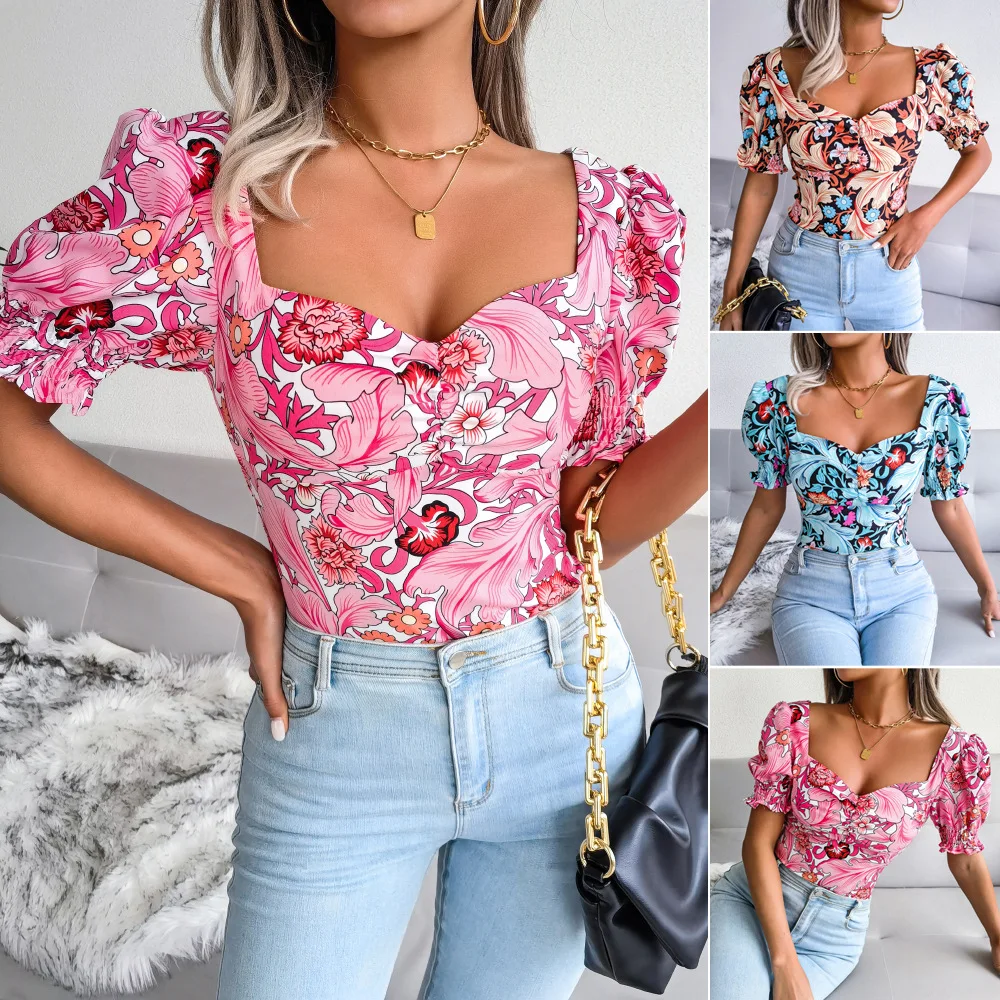 Spring And Summer New Women's Sexy Square Neck Floral Chiffon Shirt Top Female & Lady Fashion Casual Printing Short Sleeve Shirt