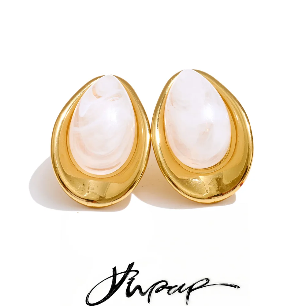 Yhpup Earrings Oval Stud 18K Golden Plated