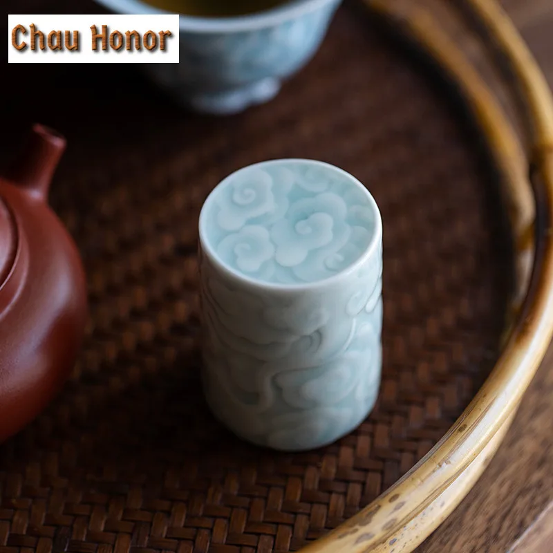 Imitation Song Hutian Kiln Shadow Celadon Glaze Relief Carving Auspicious Cloud Teapot Cover Holder Stand Ceramic Tea Ceremony
