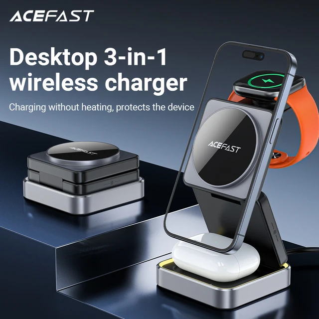 ACEFAST Aluminum Alloy 15W Wireless Magnetic Wireless Charging Holder For iPhone 16/15/14 Foldable 3 in 1 Charging Dock Station