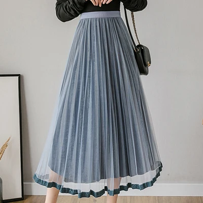 2019 Autumn Winter Skirt Elegant Mesh Gold Velvet Patchwork High Waist Pleated Lace Skirts Womens Casual Party Black Skirt ruffle skirt Skirts