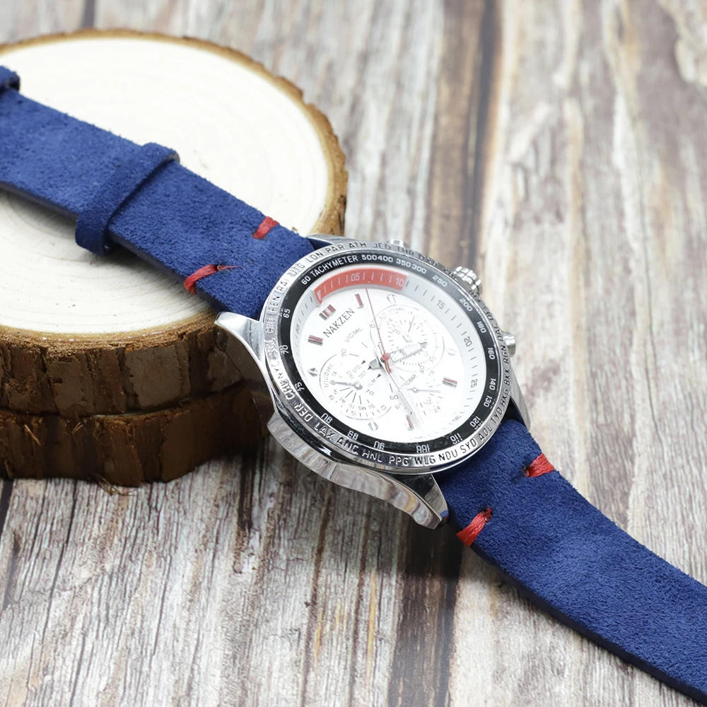Premium Vintage Suede Leather Blue Watch Strap