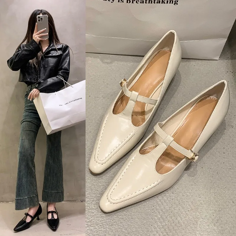 2025Woman Fashion Pointed Toe Buckle Shoes Apricot Retro Kawaii Solid Female Shoes Flats Casual Shallow Mouth Mary Jane Shoes 4