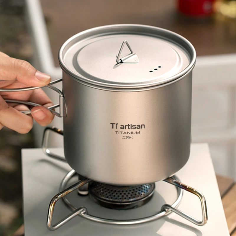 Foldable Handle Titanium Camping Pot Cup Outdoor Hiking Backpacking Ultralight Portable Hanging Pot with Lid Tiartisan 900ml camping cookware,camping cookware set