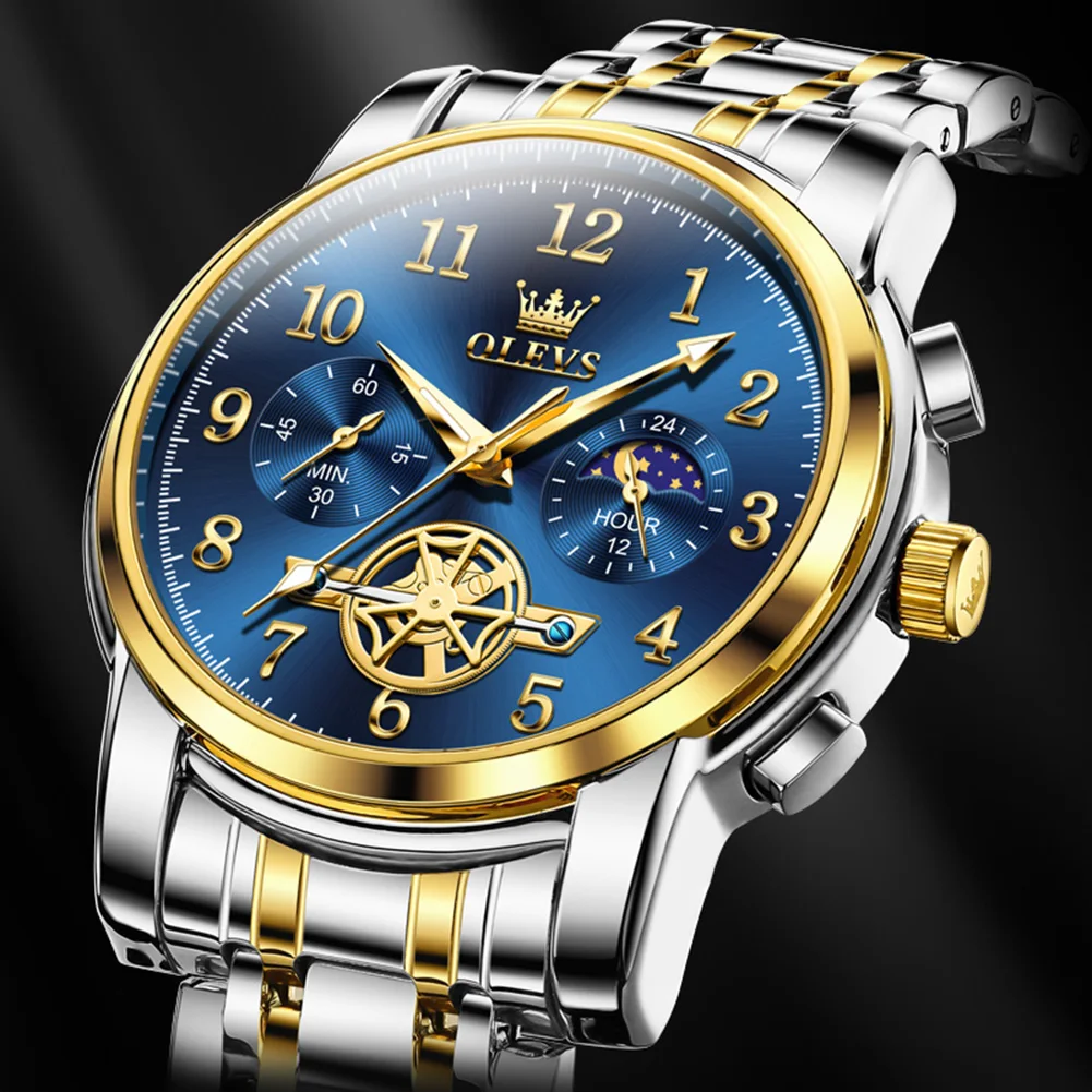 OLEVS Fashion Business Mens Wristwatches Blue Clock Male Stainless Steel Waterproof Calendar Quartz Watches Reloj Hombre