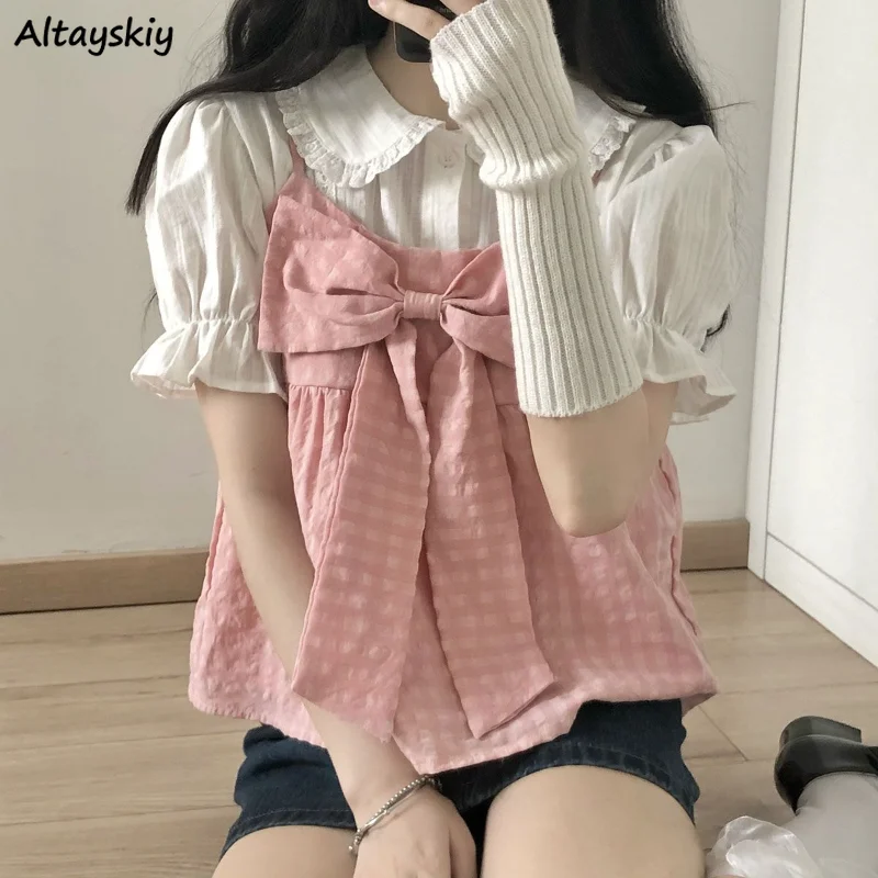 

Sets Women Pink Plaid Sweet Loose Camis Vintage Shirts Ruffles Tender Fashion Preppy Style Casual Students Korean Version Chic