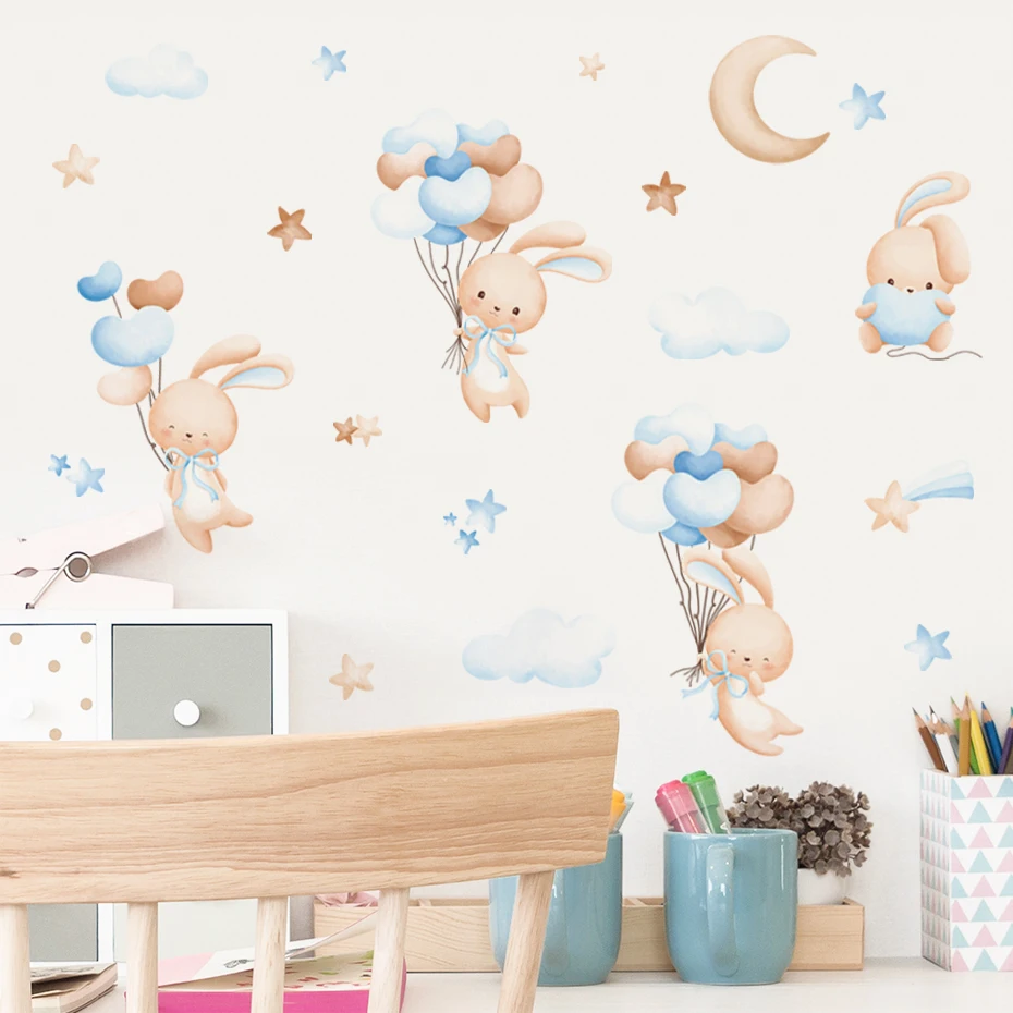 

Hand Drawn Cartoon Cute Rabbit Balloons Wall Decal Watercolor Girl Nursery Removable Vinyl Wall Sticker Kids Bedroom Home Decor