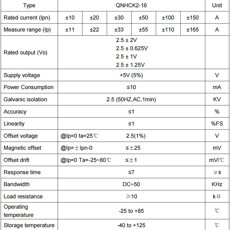 홀 효과 전류 변환기 센서 QNHCK2-16 dc 10A 20A 30A 50A 100A 2.5V±2V 2.5V±0.625V 분리형 전류 센서 클램프 온