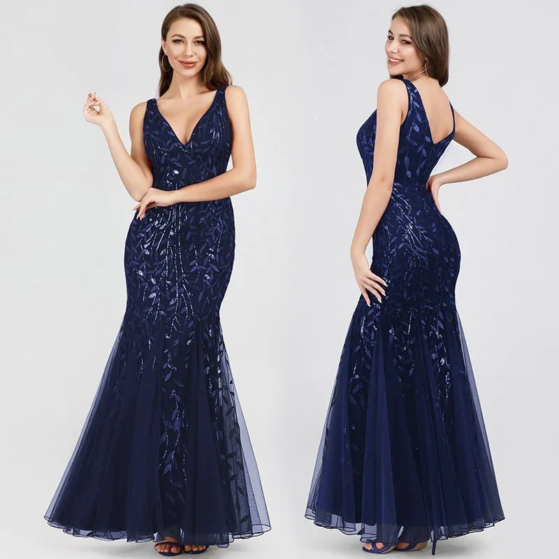 Sleeveless V-neck Tulle Sequins Tail Dresses V-back Mermaid Party Prom Gowns Plus Dresses Woman Party Night evening dress