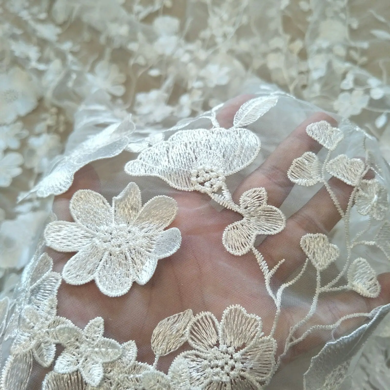 Lace Fabric Ivory flower 130cm width sell by yard bridal wedding gown dress