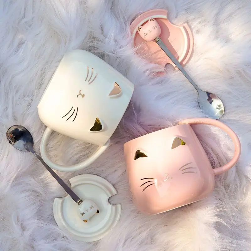 

Advanced Light Luxury Cat Ceramic Mug with Lid Spoon Creative Personality Trendy Office Design Sense Coffee Mug