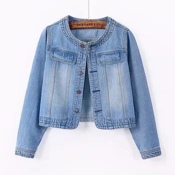 S-5XL Women Denim Jackets Spring Three-Quarter Sleeve O-Neck Single-Breasted Washed Jean Short Jacket Female Casual Outerwear