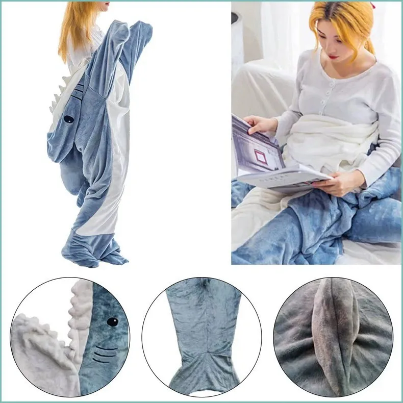 Cartoon Shark Sleeping Bag Pajamas Shark Blanket Fabric Mermaid Shawl Wearable Blanket Children Adult kigurumi pajamas onesies
