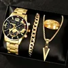 4pcs/set Men Fashion Classic Watch Gold Color Simple Analog Quartz Wristwatches Mens Clock Gifts Jewelry Set Reloj Hombre