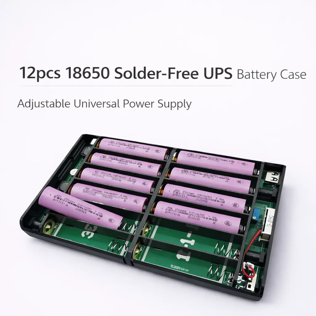 12×18650 셀용 DIY UPS 전원 공급 장치 상자, 5V 9V 12-24V 조정 가능한 출력, 공구가 필요 없는 조립 배터리 케이스, 배터리 없음