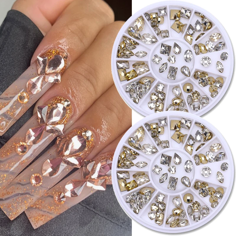 12 Grids 3d Flatback Mixed Shape Nail Decor Kit, With Stiletto Champagne  Gold Rhinestones For Nail Art Diy,temu