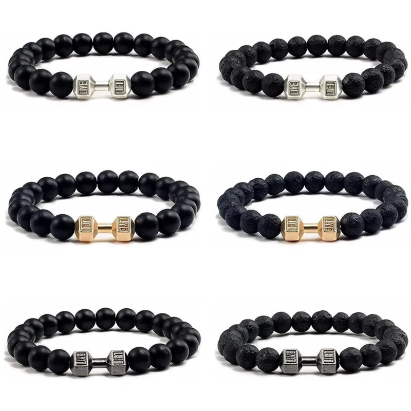 Bangle Bracelet Stone Bracelet Beaded Bracelet Bead Bracelet Men Bracelet Dumbbell Decor Vintage Matte Finish Handmade Elastic Decoration Accessory Round Loose Stone Beads Bracelet Jewelry