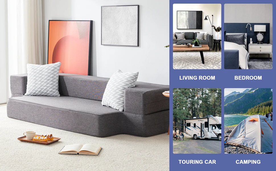 Description Picture 5 of itemFloor Sofa Bed, Fold Out Couch Bed with 2 Pillows & Washable Cover Convertible Sleeper Folding Sofa Bed Mattress for Living Room