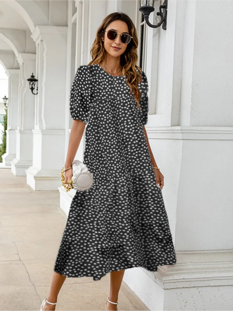 2025 Summer New Women's Print Dress Puff Short Sleeves Ruffles Loose A-line Midi Dresses Fashion Casual Beach Vacation Vestidos