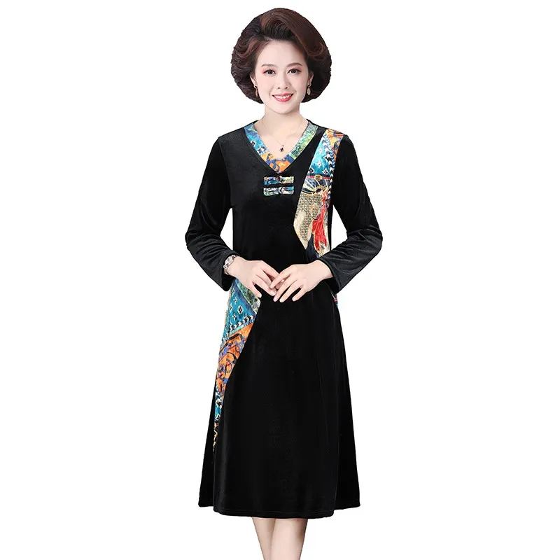 

Velvet Midi Vintage Black V-neck patchwork Fashion Playa Vestiti Donna Autumn Winter Longue Evening Dresses