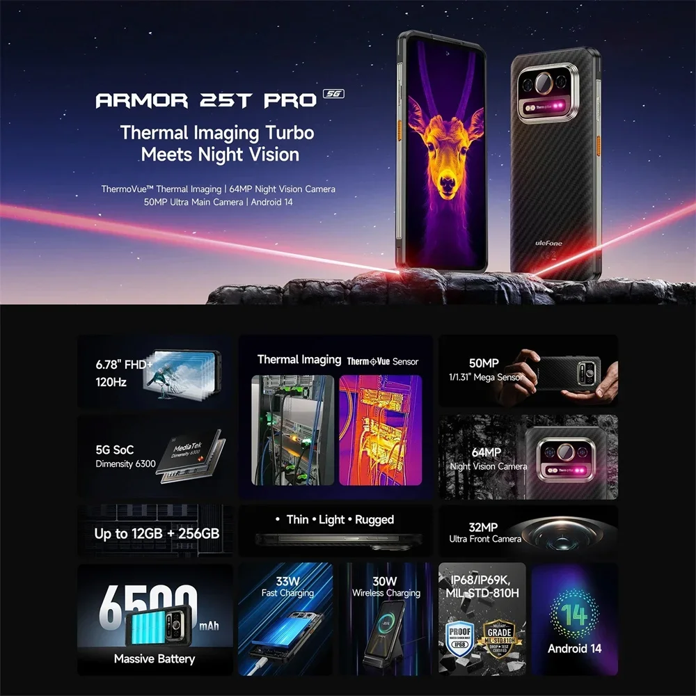 Ulefone Armor 25T Pro Rugged Smartphones  6.78Inch 6GB+256GBThermal Image Android 14 5G Mobile Phone 6500mAh 33W Fast Charge NFC