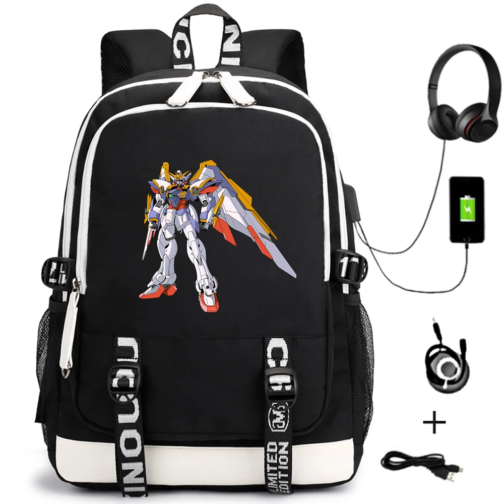 

Anime Gundam Canvas Backpack USB Charging Knapsack Teenager Printing Packsack Travel Laptop Bag Student Zipper Cartoon Schoolbag