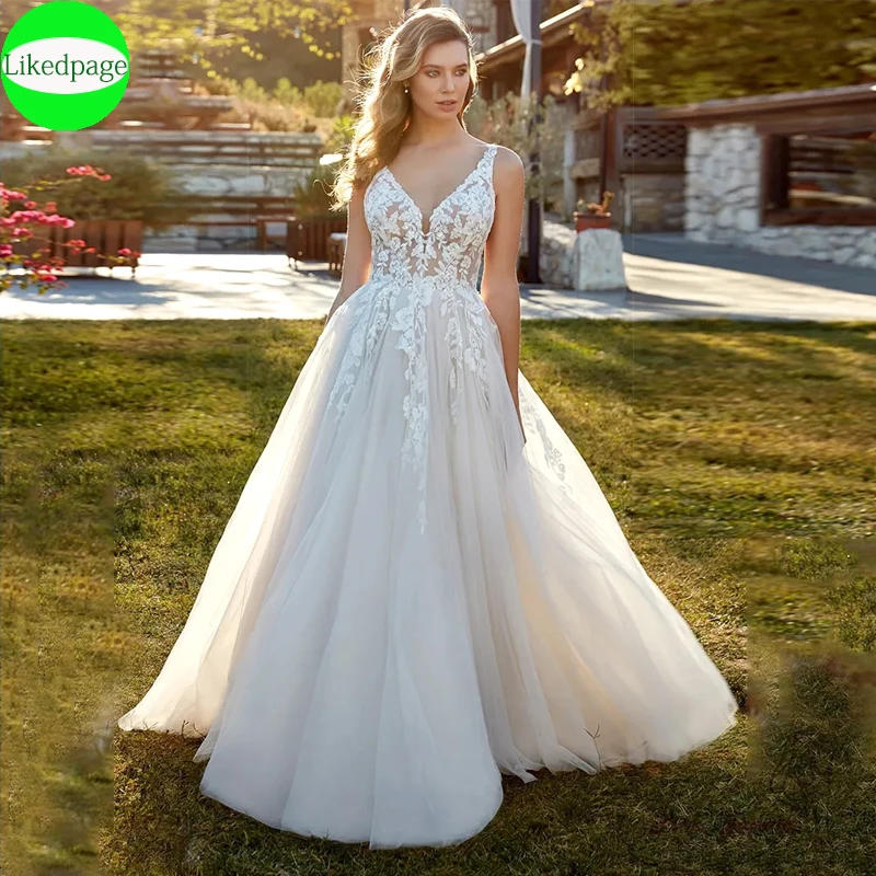 

Elegant Appliques Sleeveless Wedding Dresses For Women2024 Sheer Tulle Bride Gowns Sexy V-Neck Vestidos De Novia Backless A-Line