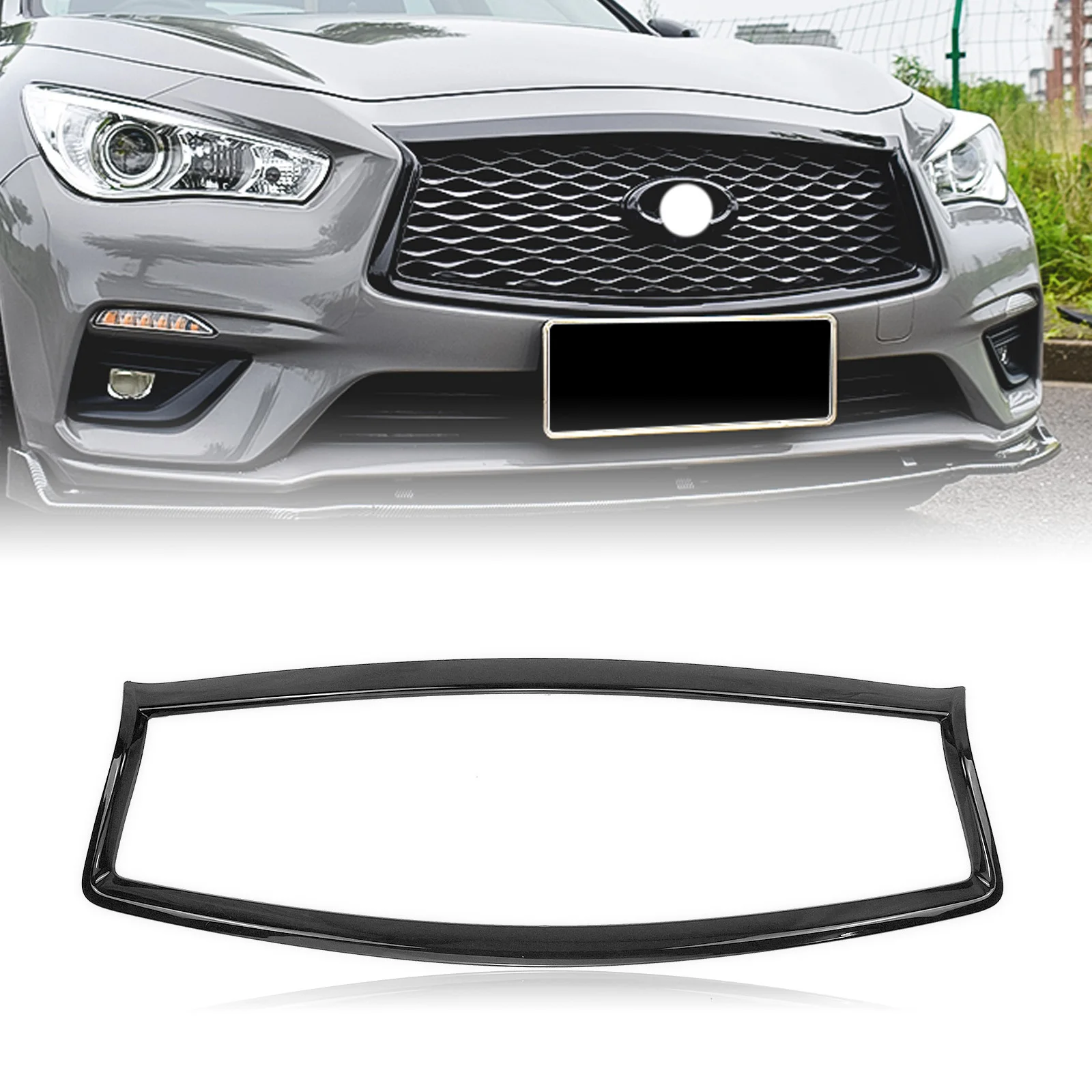 

Front Overlay Grille Grill Trim Cover For Infiniti Q50 Q50S 2014-2017 Gloss Black Add On Bumper Hood Mesh Frame Bezel Strip Rim