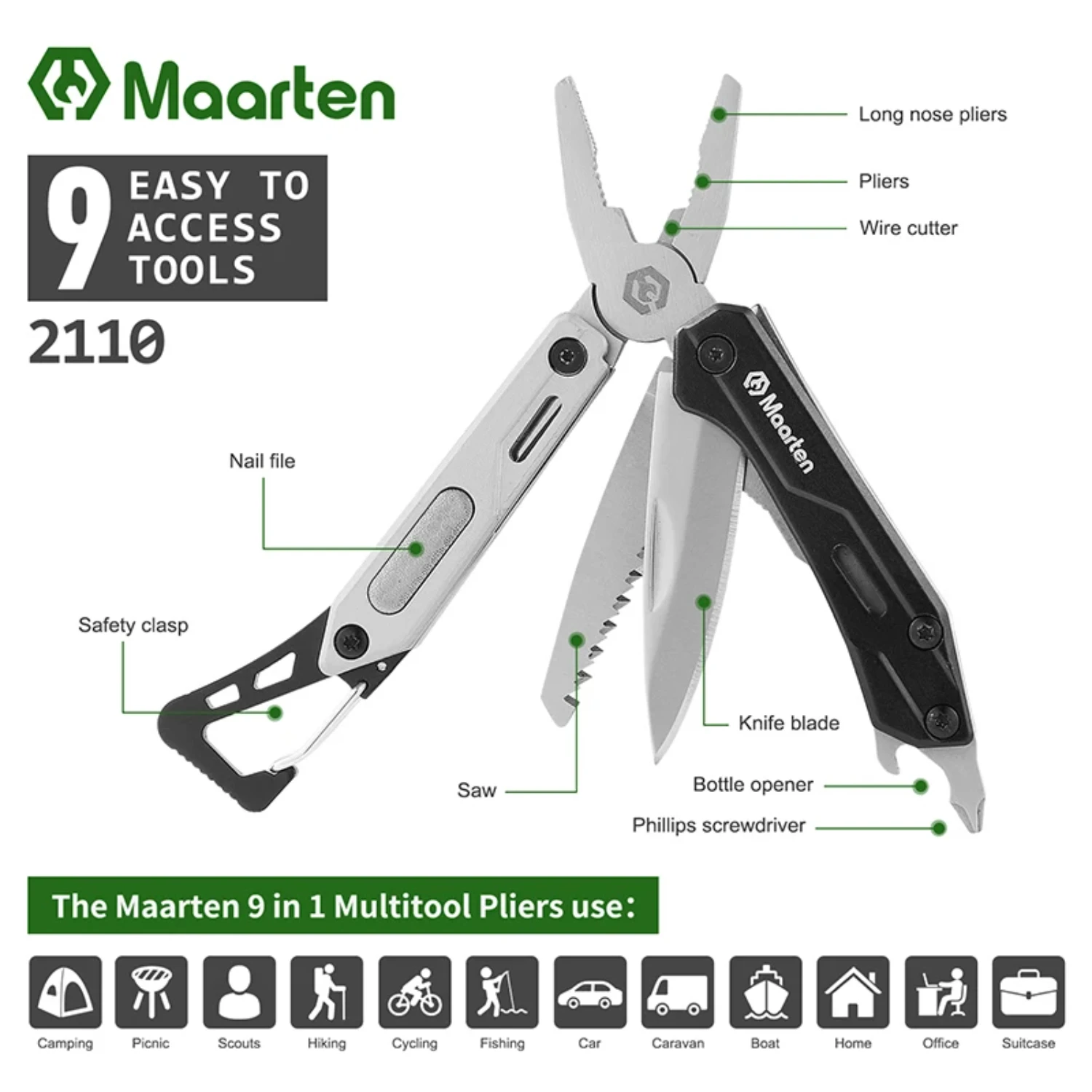 Multitool Pocket with Screwdriver & Self-locking Pliers - 9-in-1 Stainless Steel Survival Bot 2