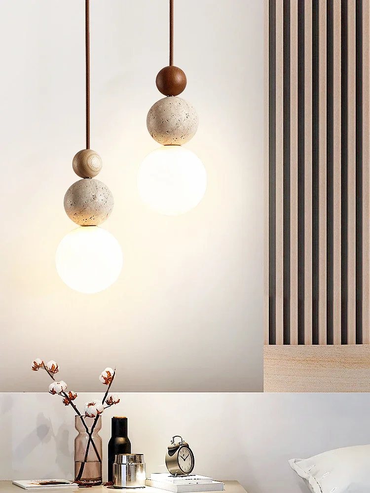 Description Picture 2 of itemModern Natural Stone Wood Pendant Light Travertine LED Chandelier for Bedside Bedroom Restaurant Bar Samll Light Fixtures