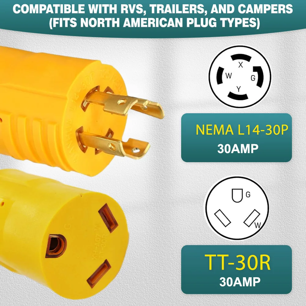 NEMA L14-30P Male to TT-30R Female Adapter 30A 125V/250V Shore Power Converter for RV/Trailer/Camper Heavy-Duty US Standard Plug