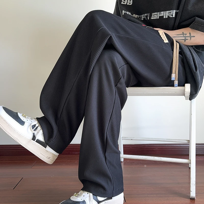 Summer Pleated Pants Men Fashion Casual Ice Silk Pants Men Streetwear Hip-hop Loose Straight Wide Leg Pants Mens Trousers M-3XL