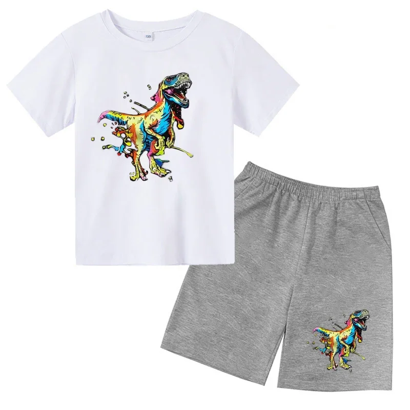thumbnail image 1 of 2024 Nuevo traje de camiseta con estampado de grafiti para niños, diseño de dinosaurio, camiseta estampada + pantalones cortos, 2 piezas, conjunto de moda para niños y niñas, 1 of 5